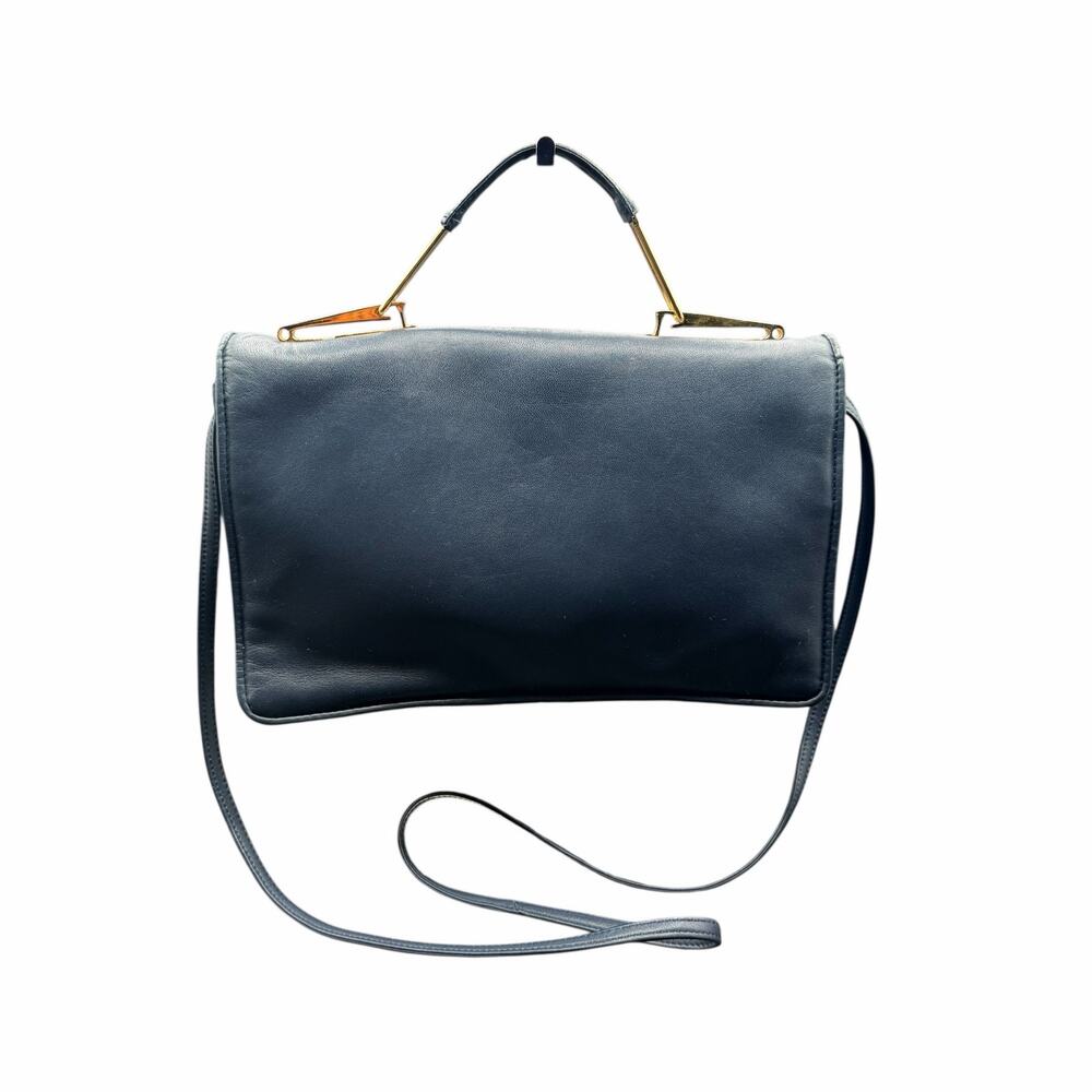 Vintage Ande Navy Blue Leather Crossbody Clutch Gold Bar Leather Handle